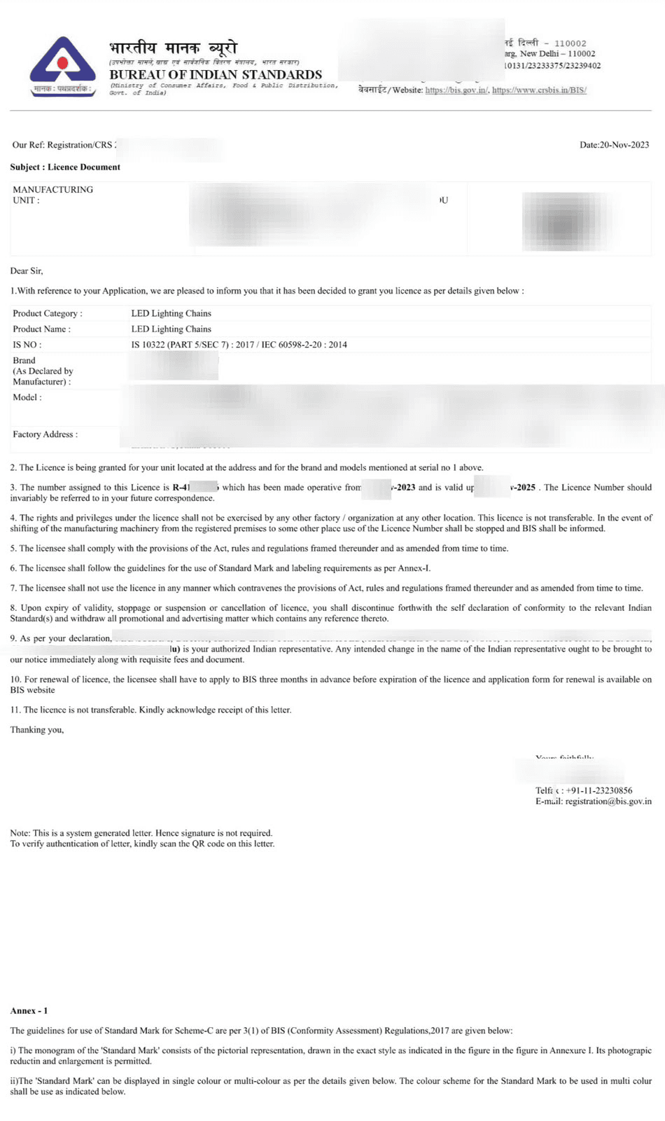 BIS CRS registration licence document for LED Lighting Chains as per IS 10322 (Part 5/Sec 7) : 2017