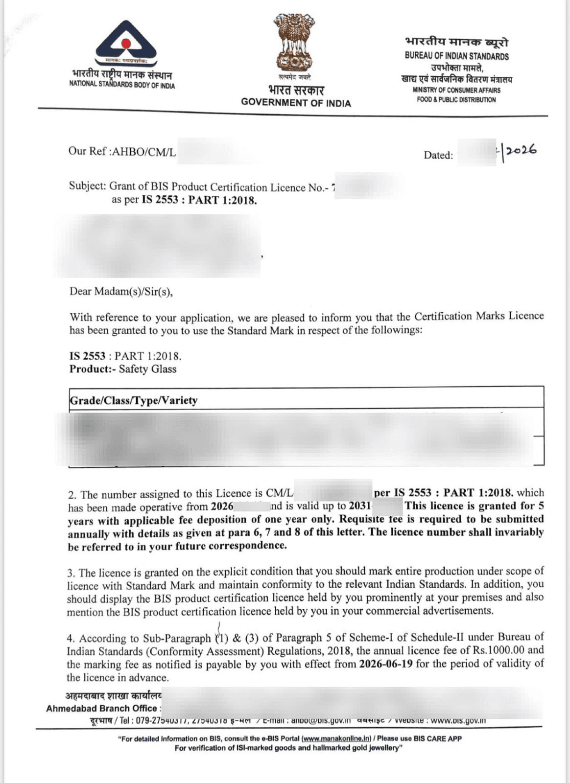 BIS ISI Mark Certification for Safety Glass conforming to IS 2553 (Part 1): 2018